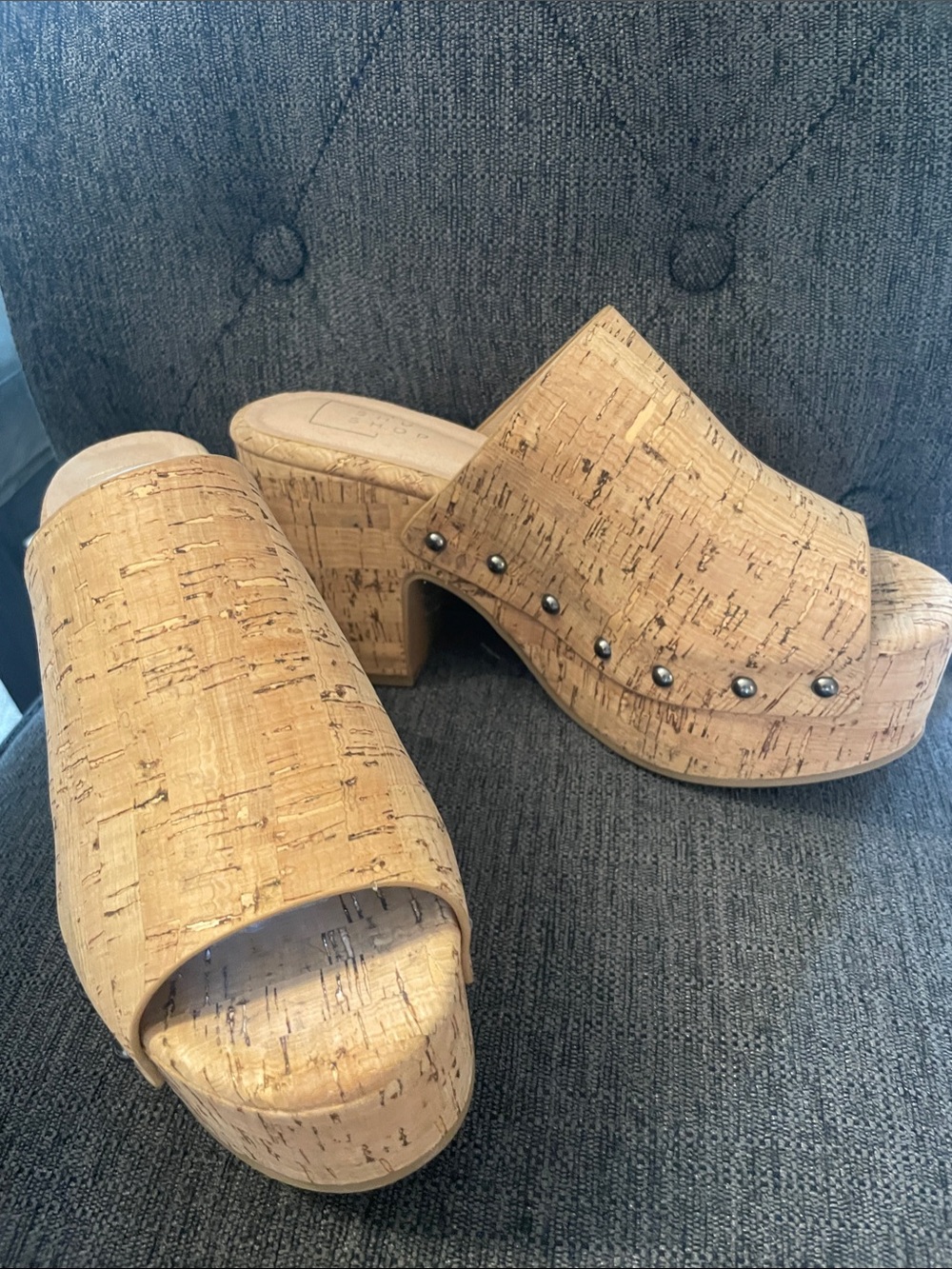 ShuShop Cork Studded Platform Mules in Natural Tan